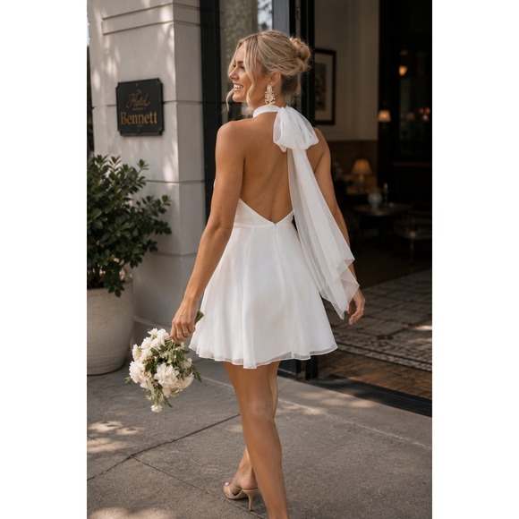 Petal & Pup Dresses & Skirts - NWT Petal & Pup Anya White Halter Open Back Tulle Mini Dress Bridal US 2